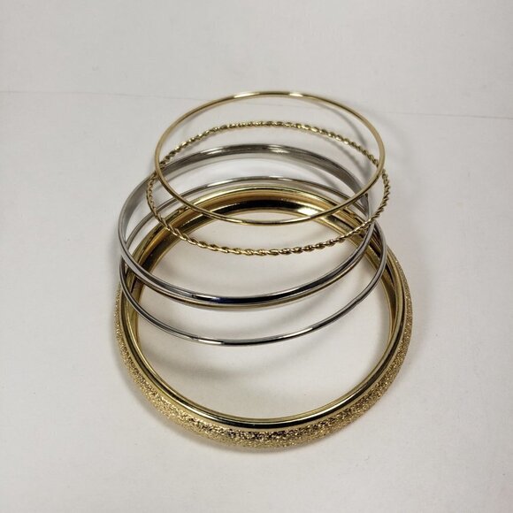 Set of 5 Textured Silver & Gold Tone Bangle Bracelets - Women's Fashion Jewelry - Picture 5 of 5